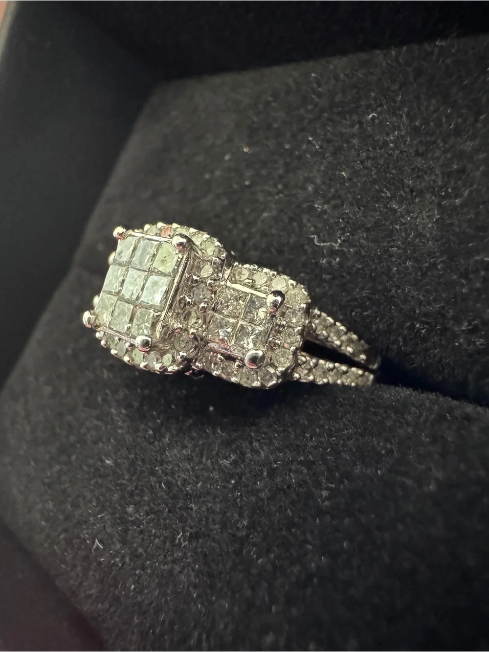 10K White Gold Natural Diamond Princess Cluster Halo Engagement - Picture 10 of 16
